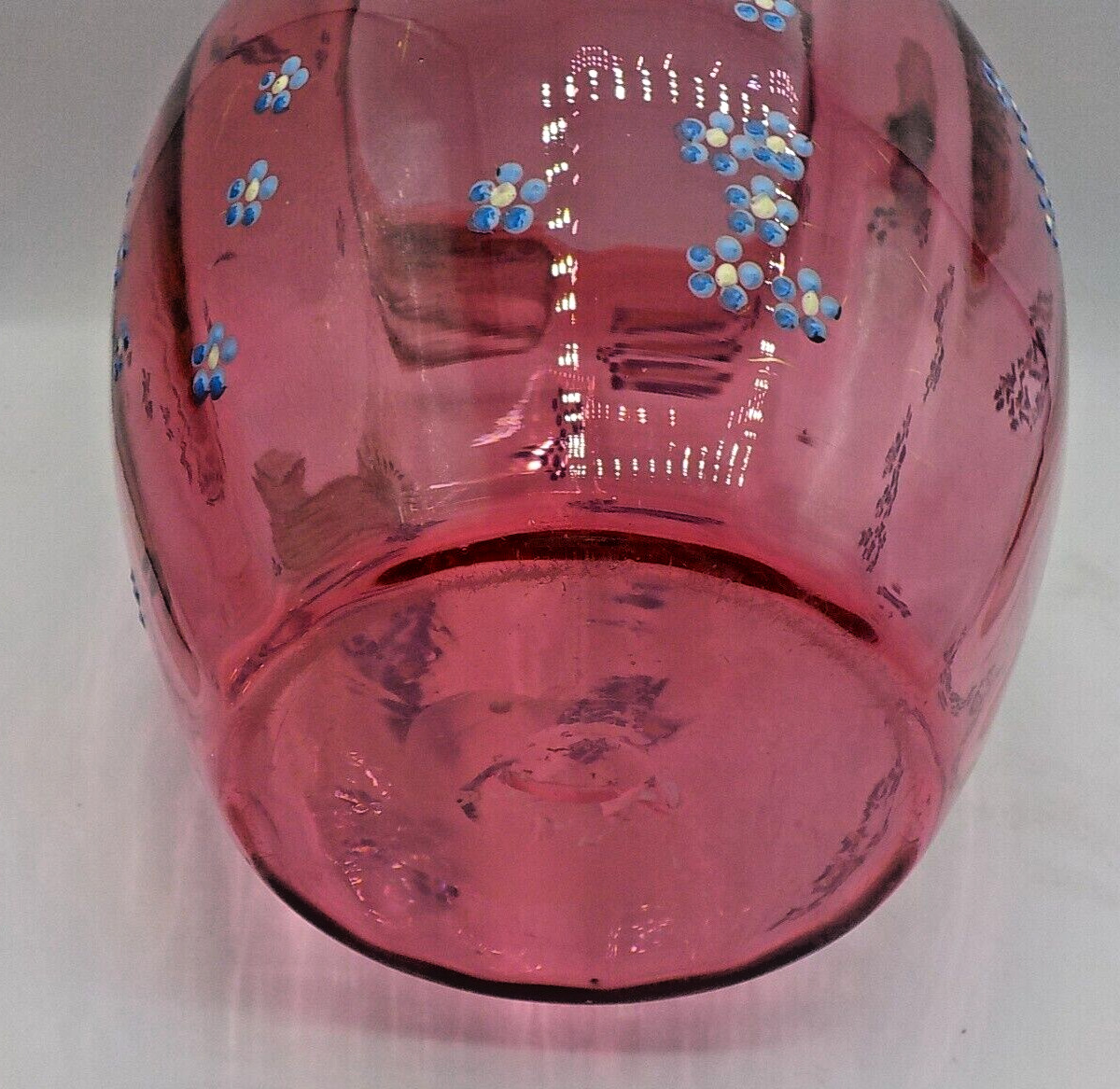 Victorian Antique 1800's Hand Blown & Enamel Painted Cranberry Glass Pitcher