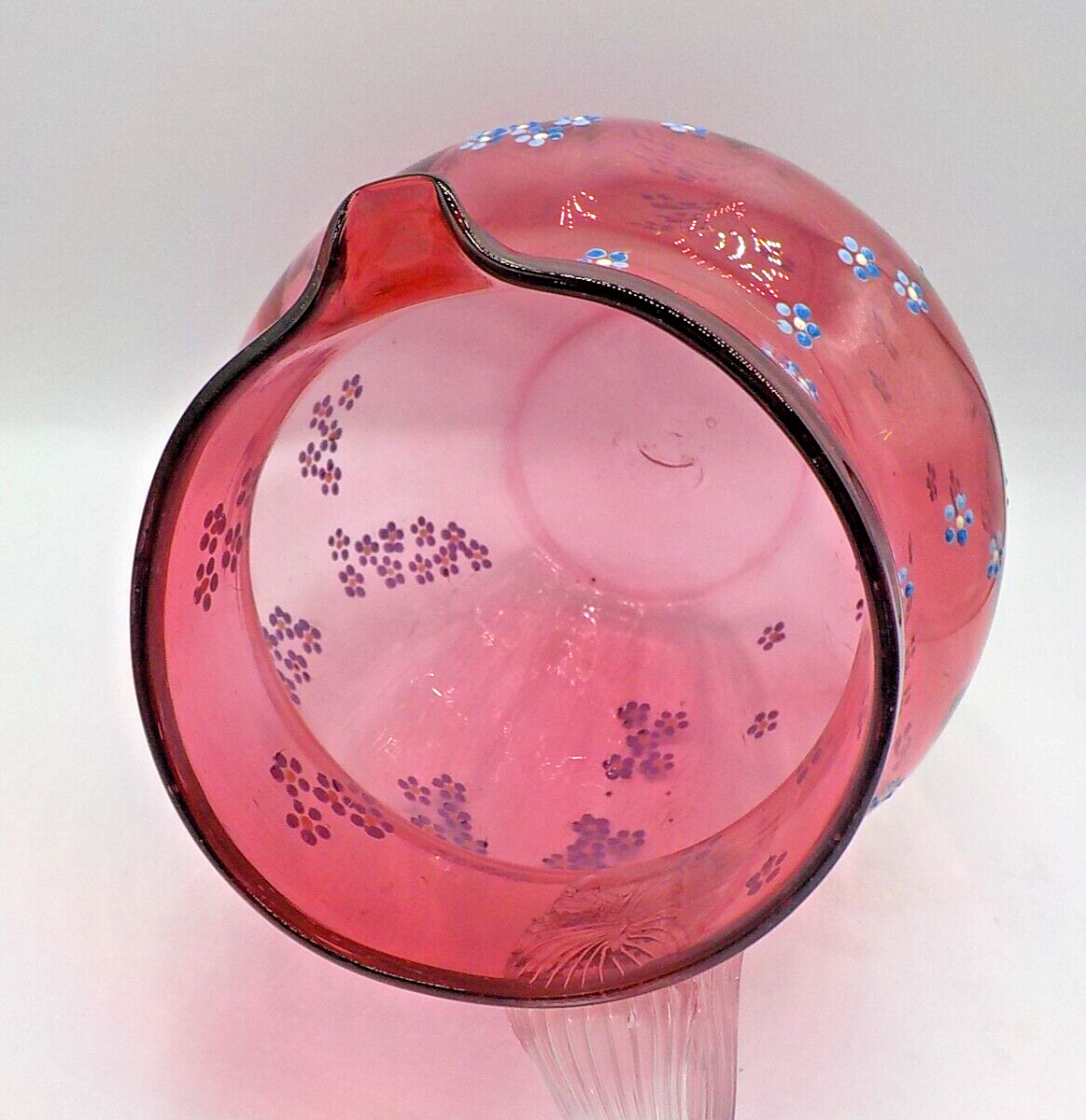 Victorian Antique 1800's Hand Blown & Enamel Painted Cranberry Glass Pitcher