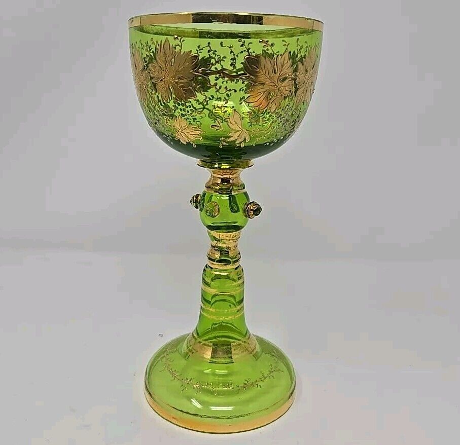 Moser Czech Bohemian Grapevine Design Green Goblet / Chalice - Late 1800s 8 3/4"