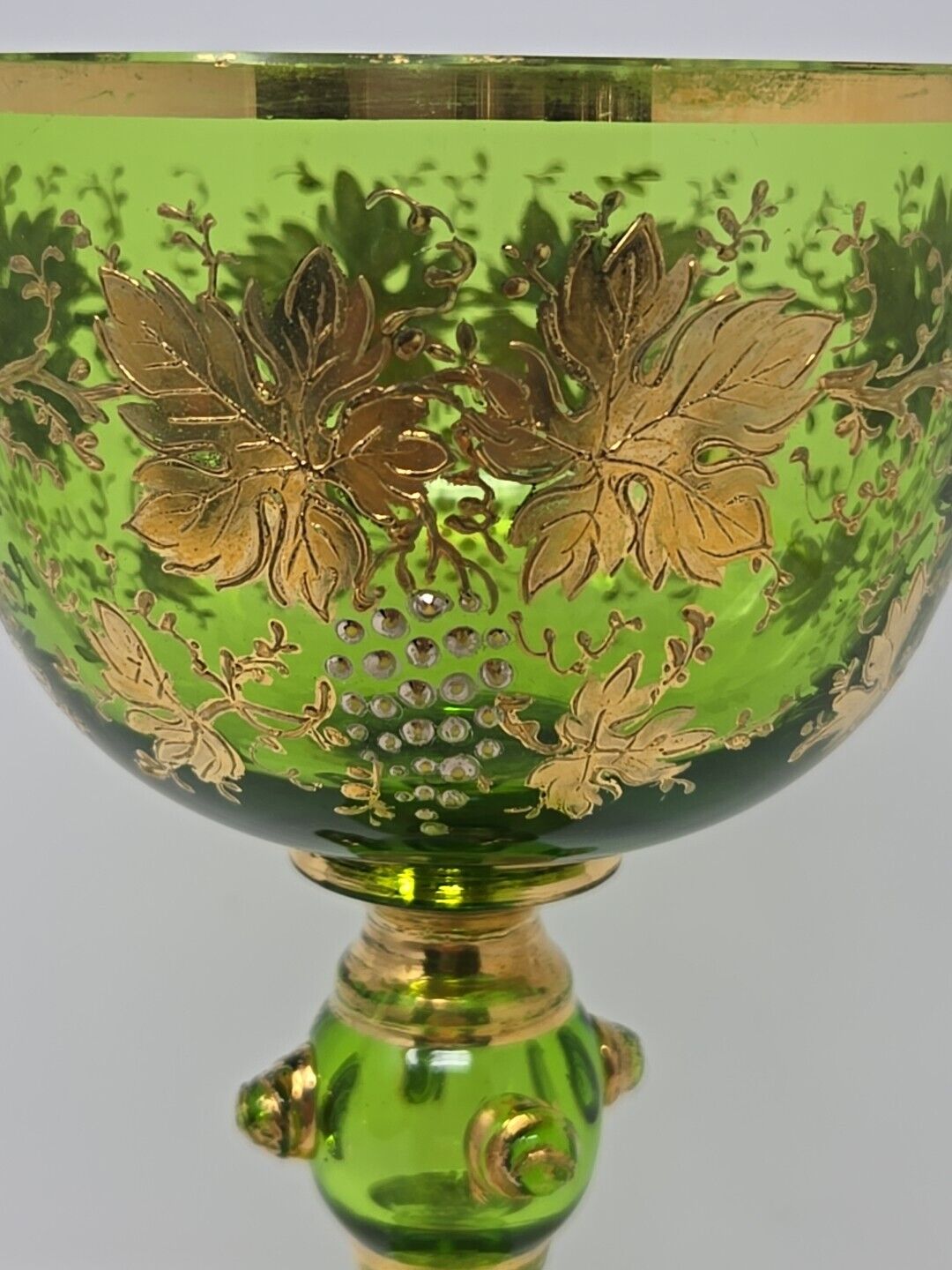 Moser Czech Bohemian Grapevine Design Green Goblet / Chalice - Late 1800s 8 3/4"