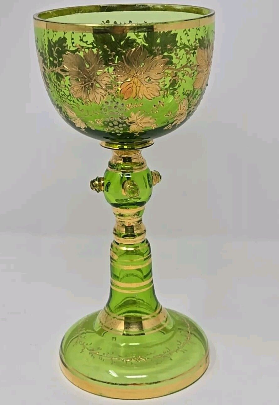 Moser Czech Bohemian Grapevine Design Green Goblet / Chalice - Late 1800s 8 3/4"