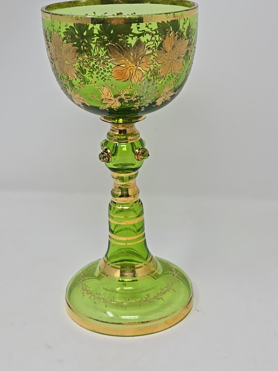 Moser Czech Bohemian Grapevine Design Green Goblet / Chalice - Late 1800s 8 3/4"