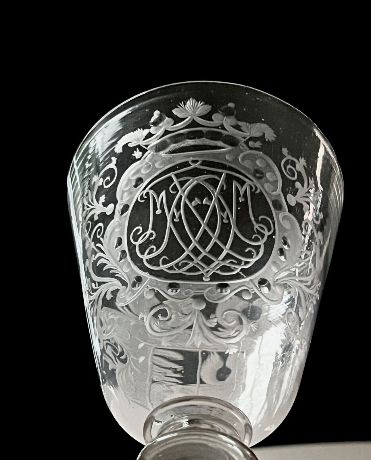 Antique Large Collectible Engraved Glass Goblet with Crowned Monogram 18th c