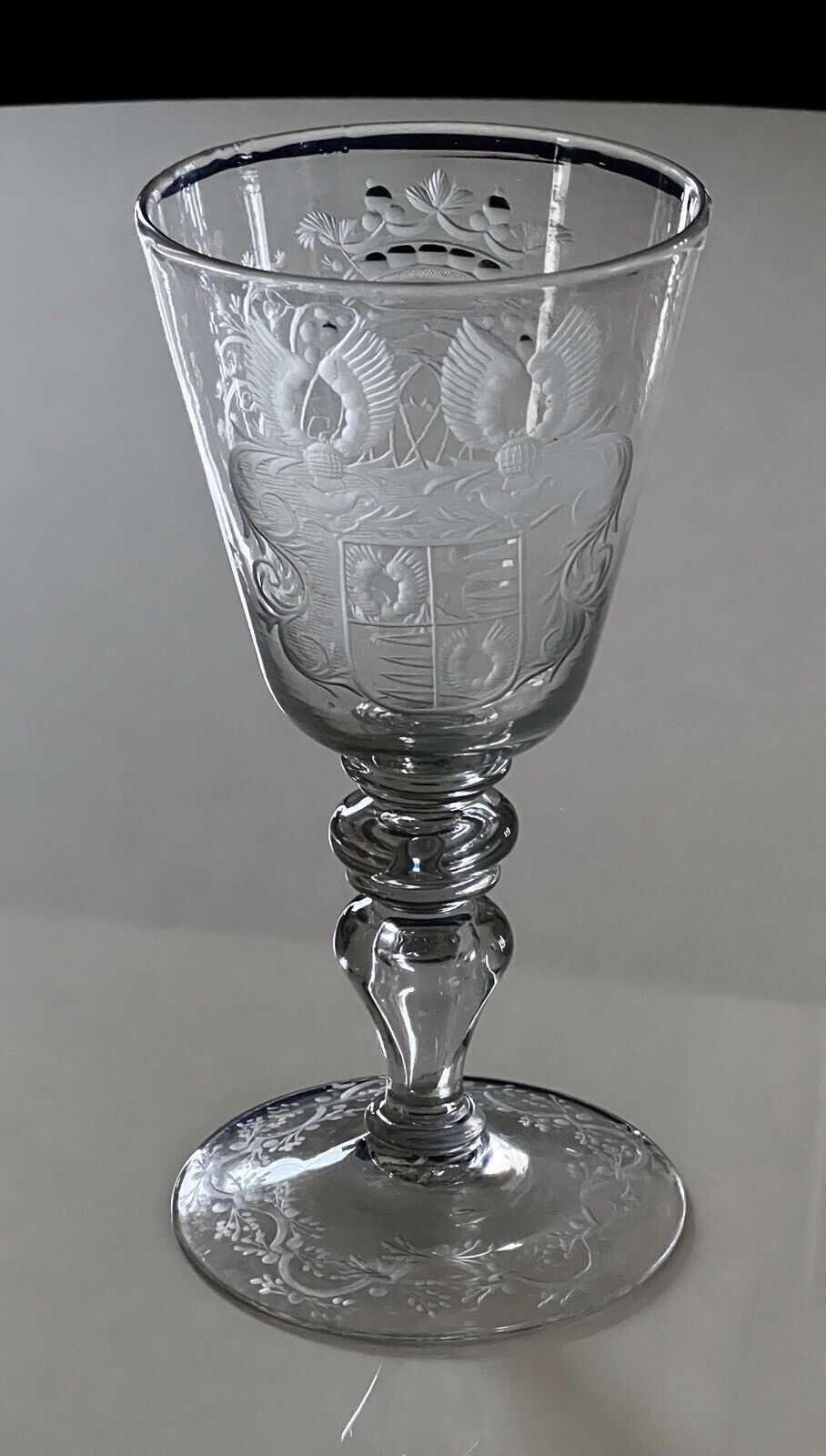 Antique Large Collectible Engraved Glass Goblet with Crowned Monogram 18th c