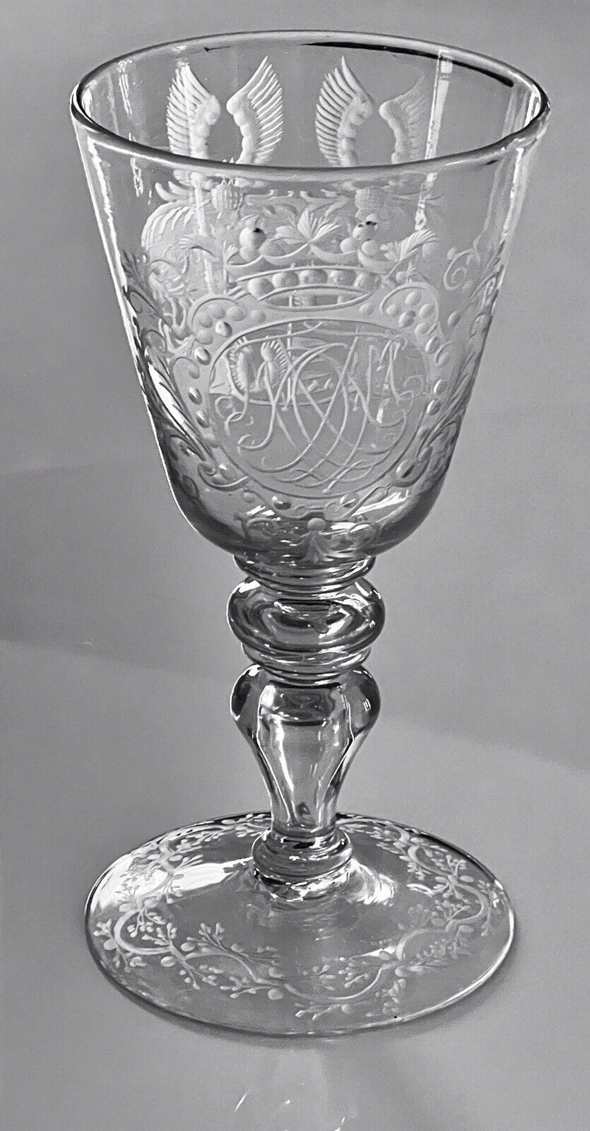 Antique Large Collectible Engraved Glass Goblet with Crowned Monogram 18th c