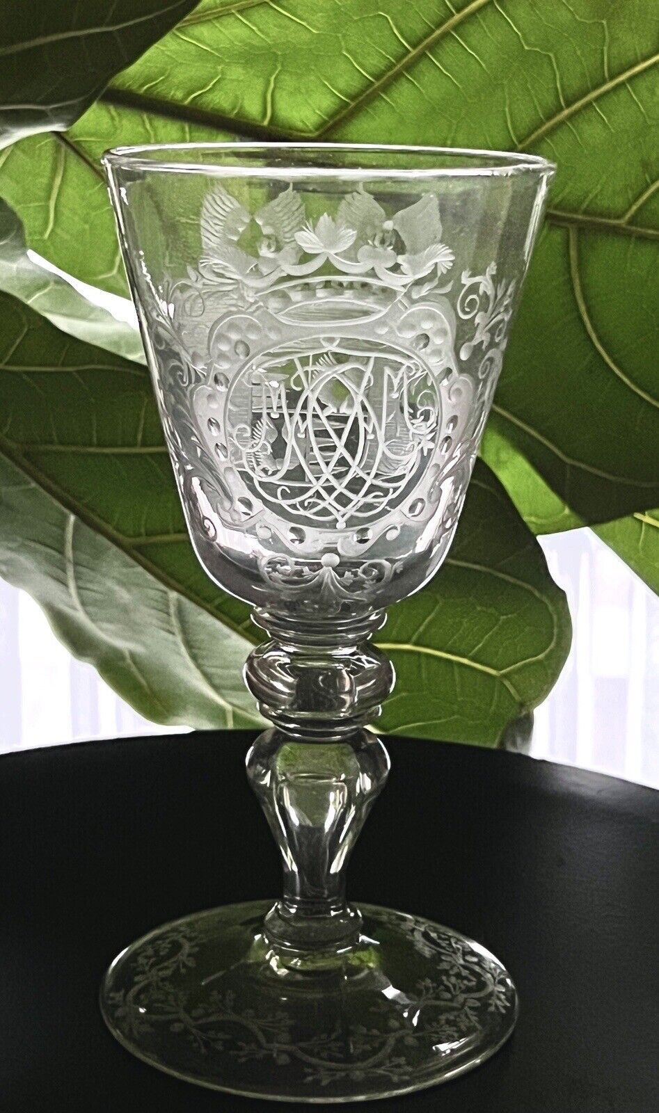 Antique Large Collectible Engraved Glass Goblet with Crowned Monogram 18th c