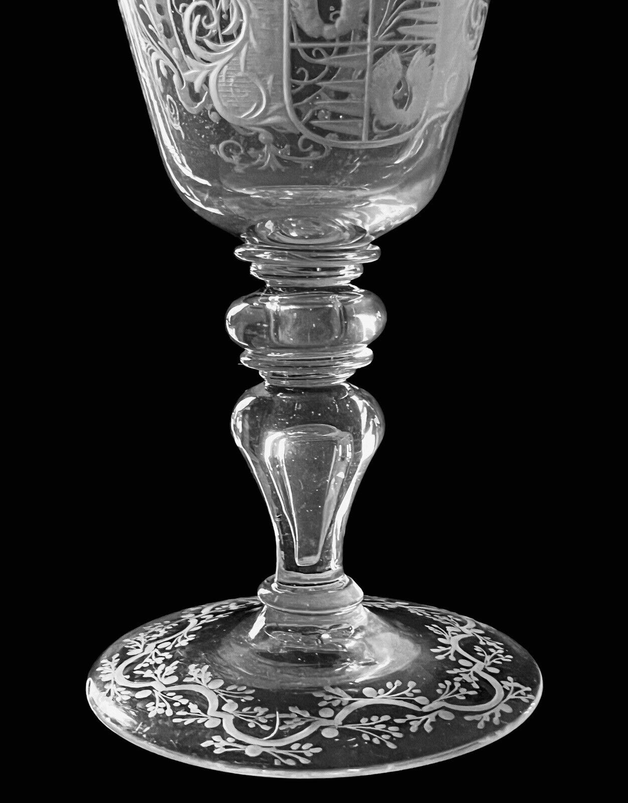 Antique Large Collectible Engraved Glass Goblet with Crowned Monogram 18th c