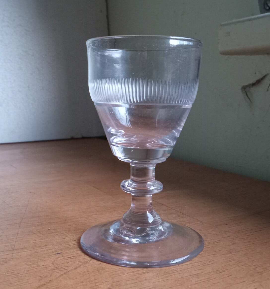 1790s FREE BLOWN PONTILED COLONIAL ERA WINE GLASS WHEEL CUT ICICLE RIB BAND