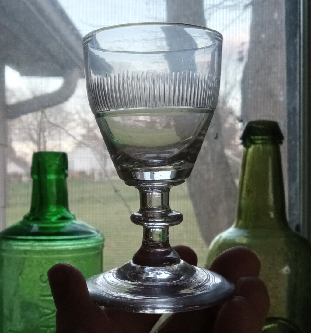 1790s FREE BLOWN PONTILED COLONIAL ERA WINE GLASS WHEEL CUT ICICLE RIB BAND