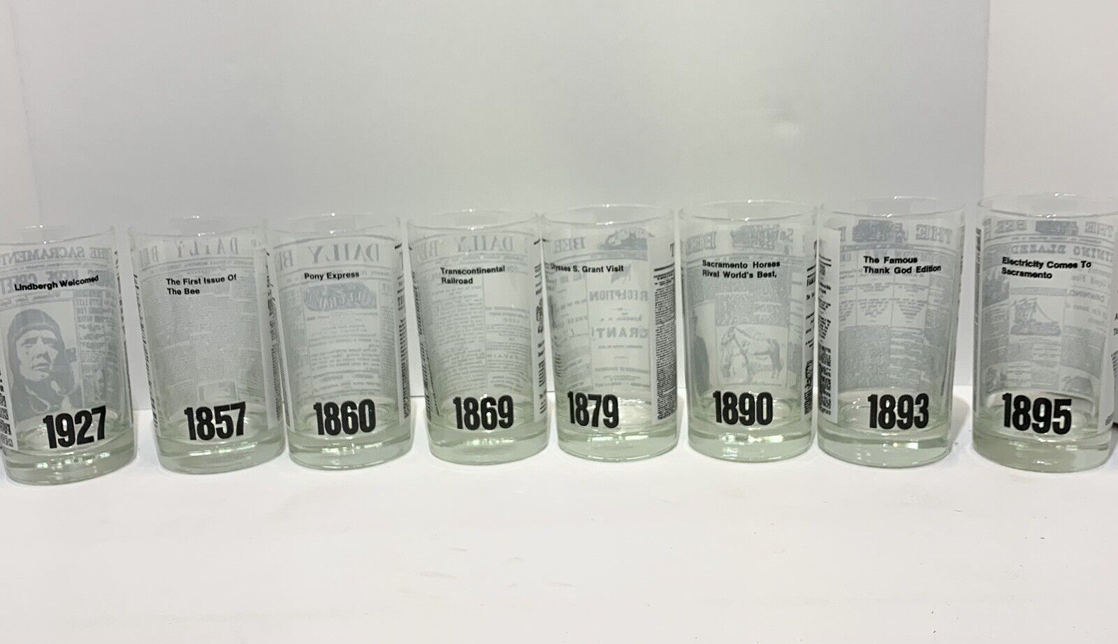 1970's Vintage Libbey Sacramento Bee Newspaper themed Glasses full set of 8