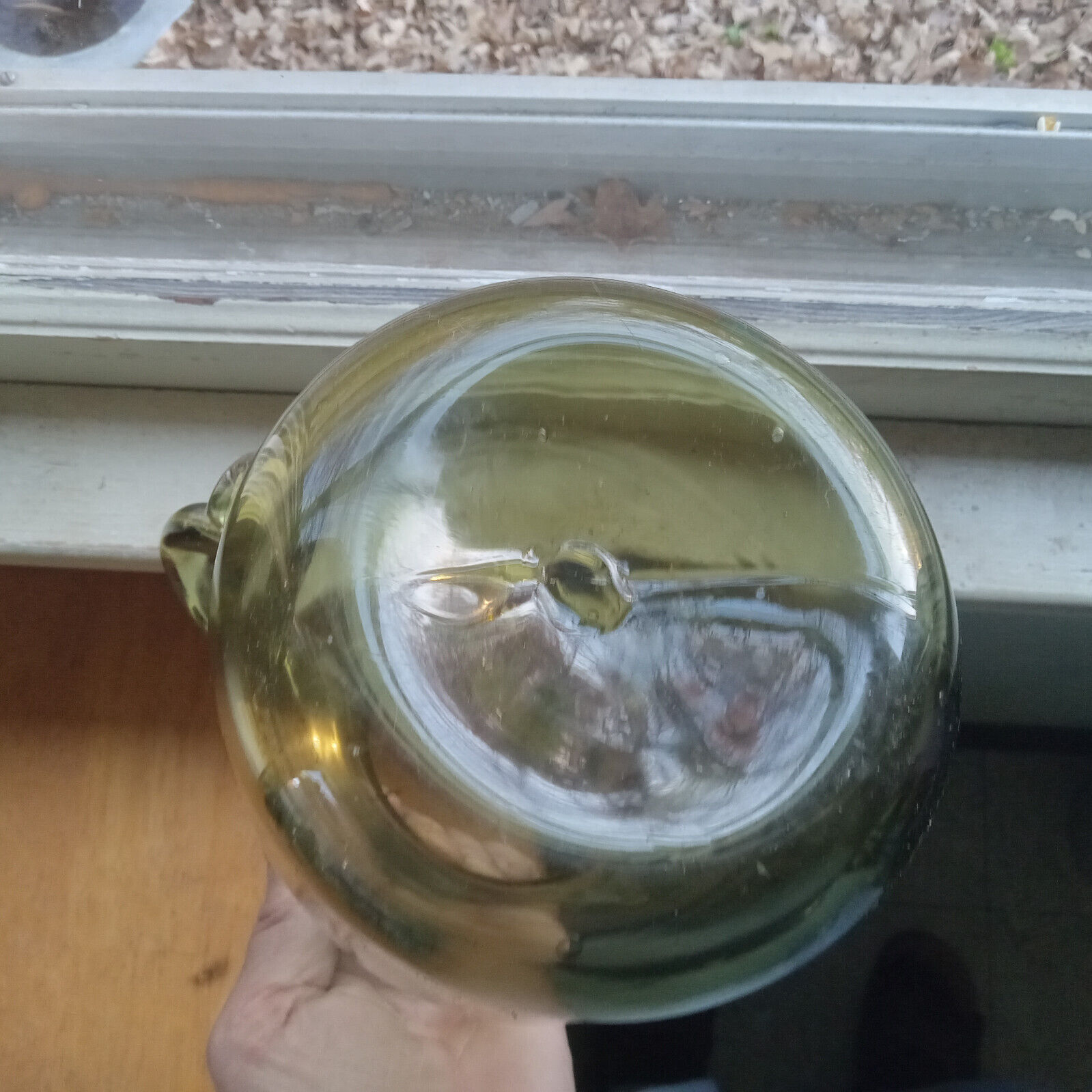 HAND BLOWN GREEN GLASS PITCHER W/APPLIED HANDLE JAMESTOWN 1700s REPRO COPY