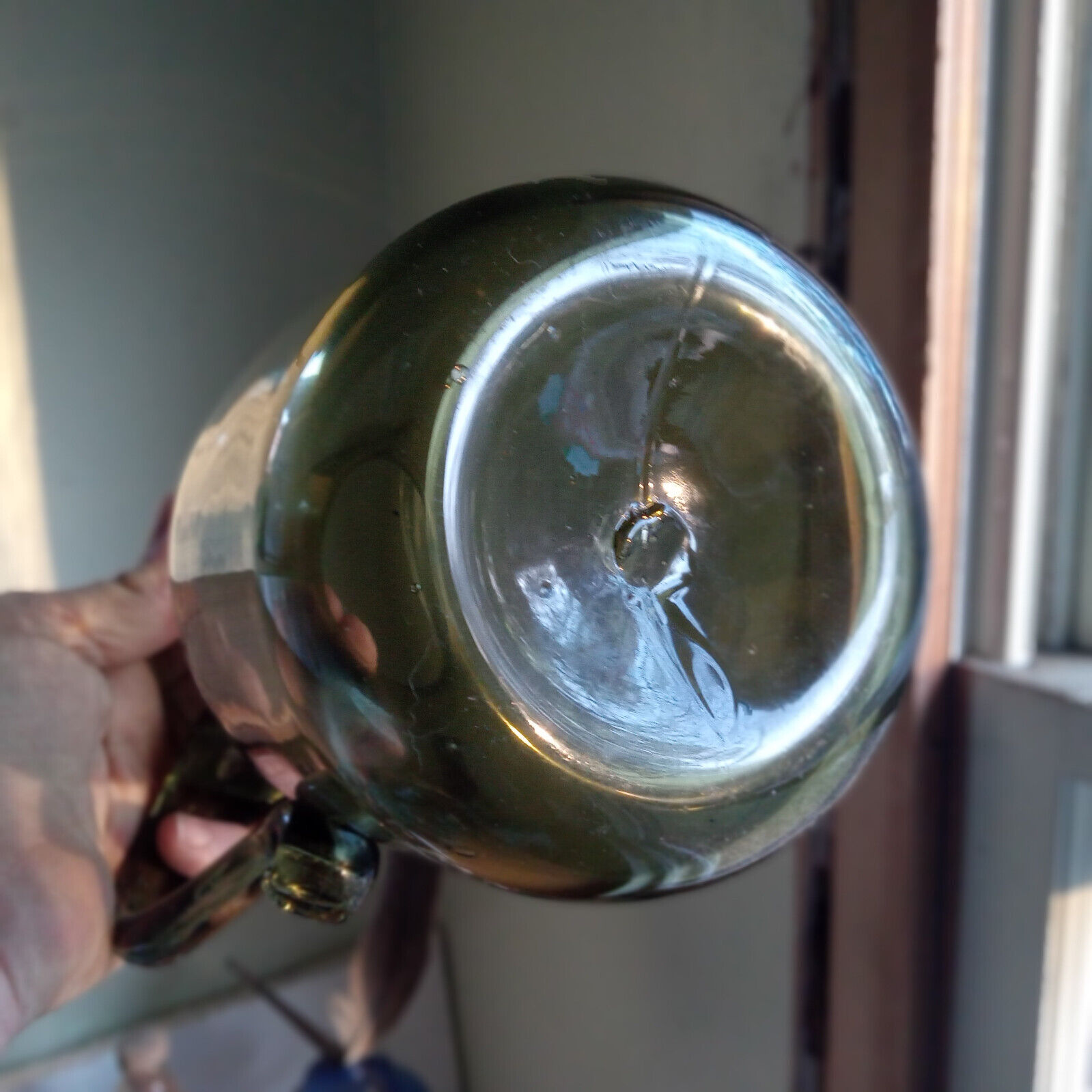 HAND BLOWN GREEN GLASS PITCHER W/APPLIED HANDLE JAMESTOWN 1700s REPRO COPY