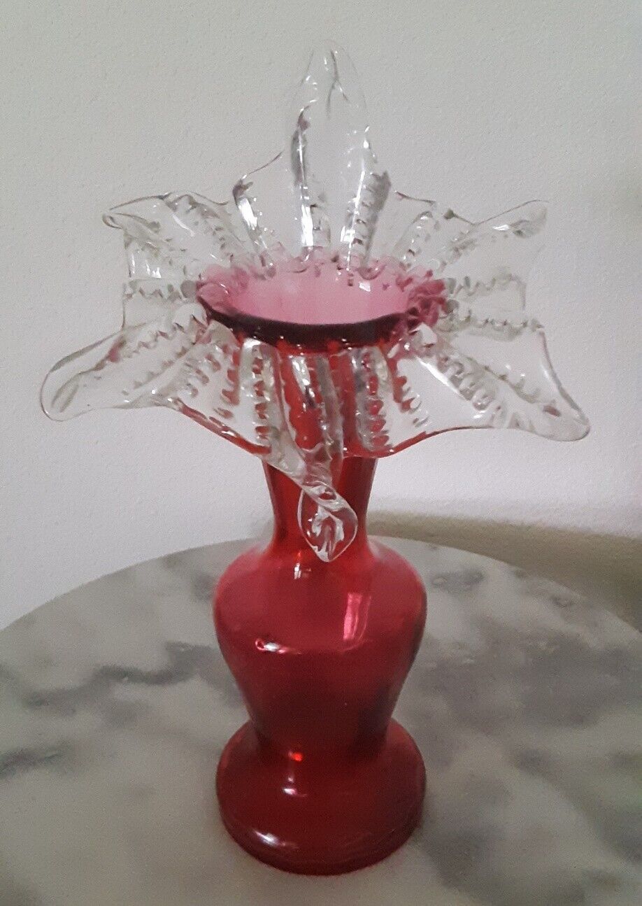 Victorian Art Glass Bohemian Ruby Vase Applied Crystal Crimped Top