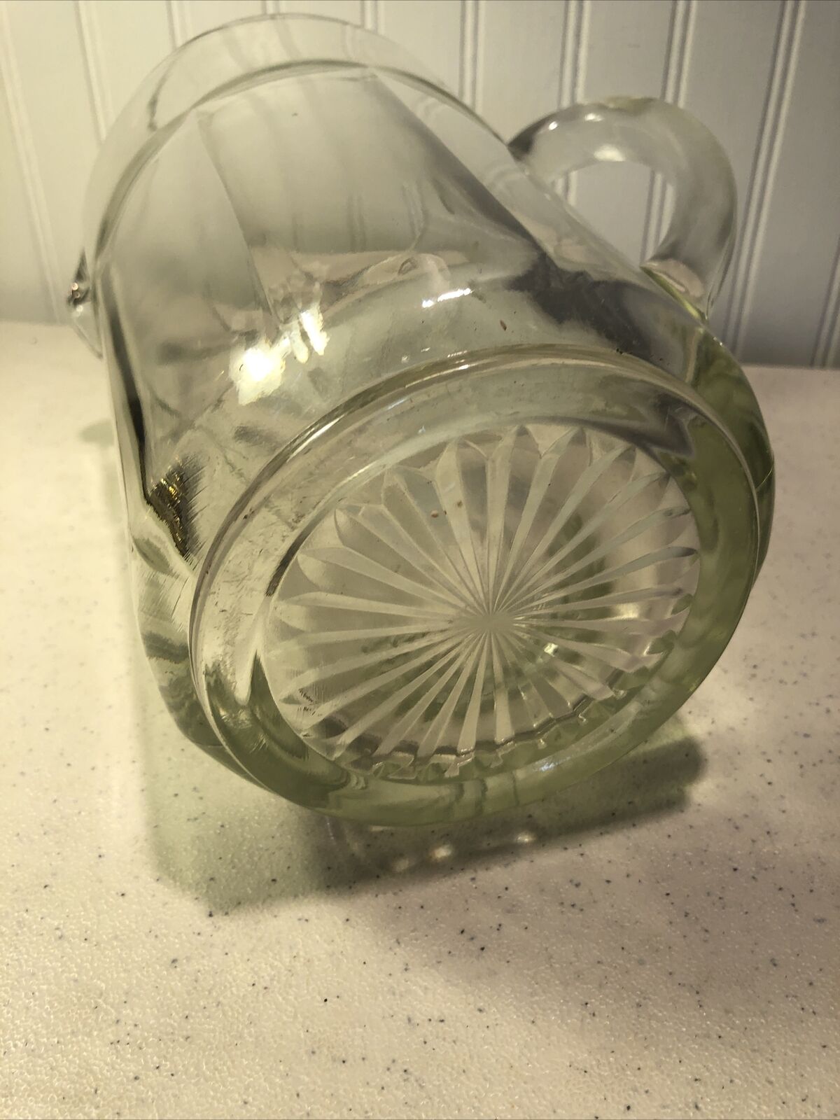 Large Heavy Glass Beer Pitcher 8 Panel Side Scalloped Edge Starburst Bottom Rare