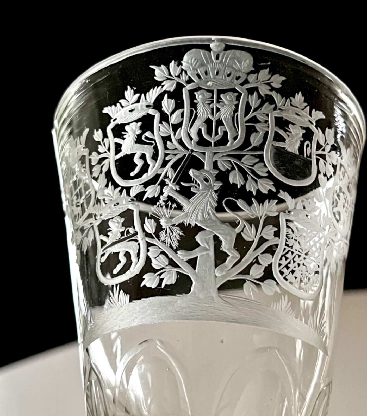 Large Collectible Engraved Glass Goblet with Crowned Coat of Arms 18th Century