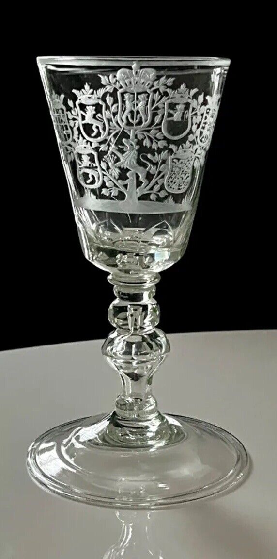 Large Collectible Engraved Glass Goblet with Crowned Coat of Arms 18th Century