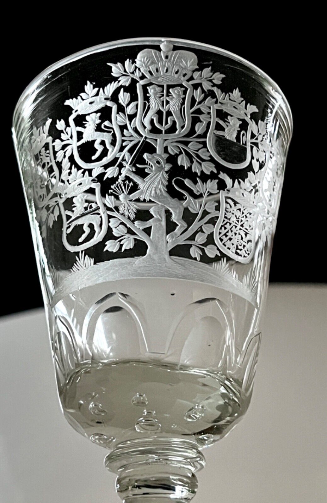 Large Collectible Engraved Glass Goblet with Crowned Coat of Arms 18th Century