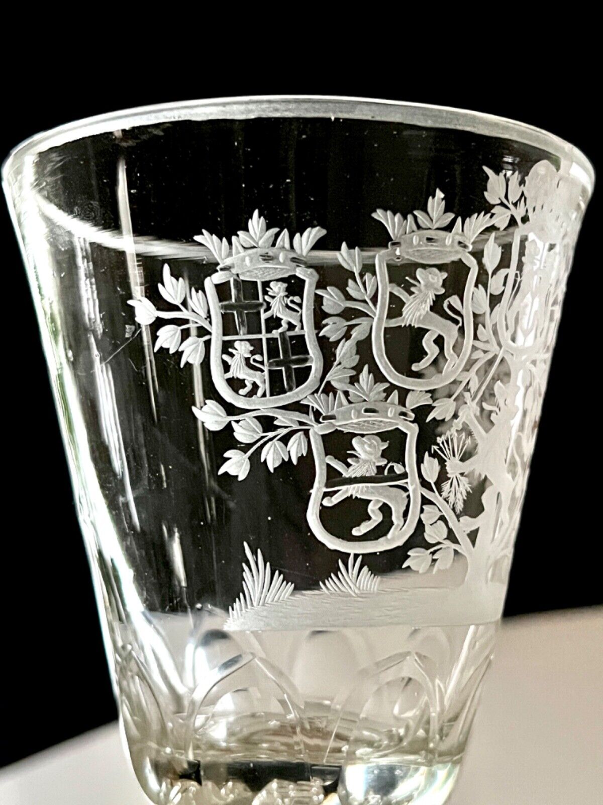 Large Collectible Engraved Glass Goblet with Crowned Coat of Arms 18th Century
