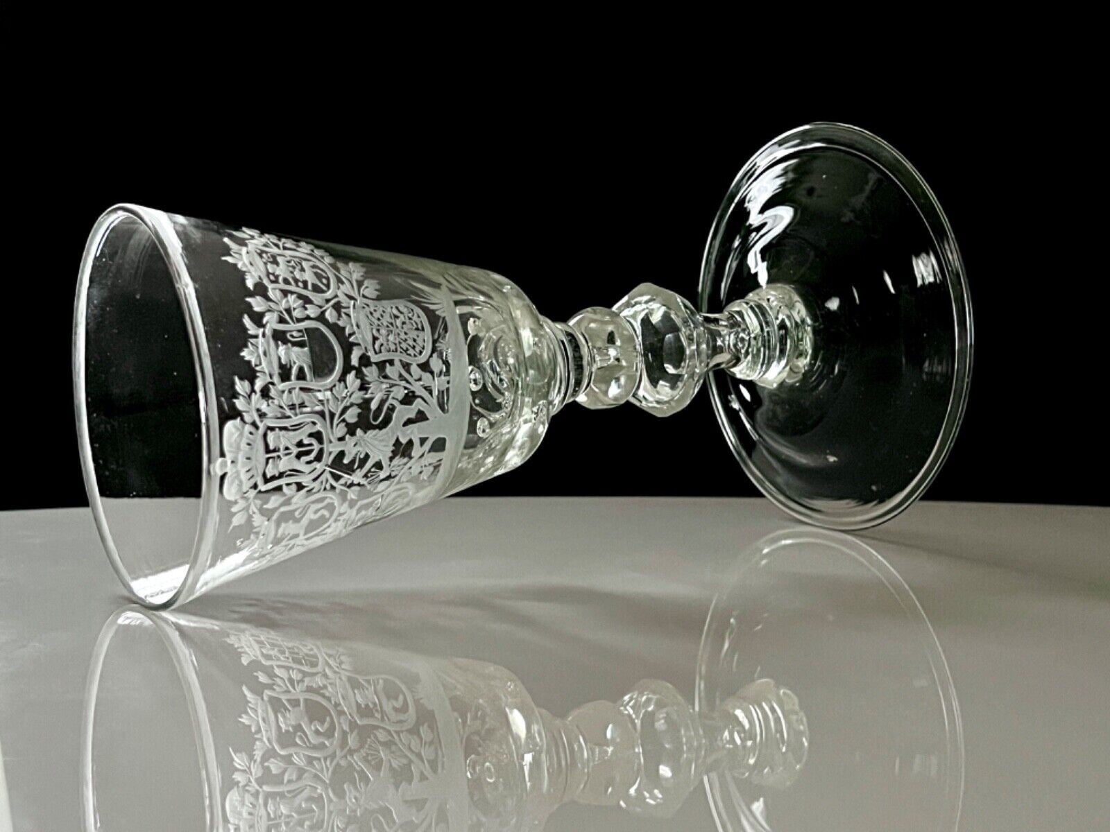 Large Collectible Engraved Glass Goblet with Crowned Coat of Arms 18th Century