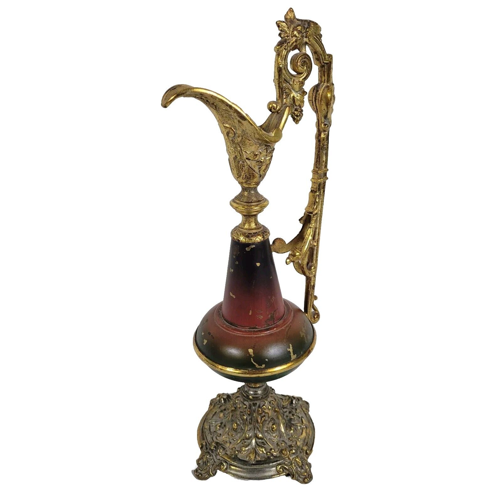 Antique Victorian French Brass Red Body Gilt Ornate Mantle Ewer Late 1800s