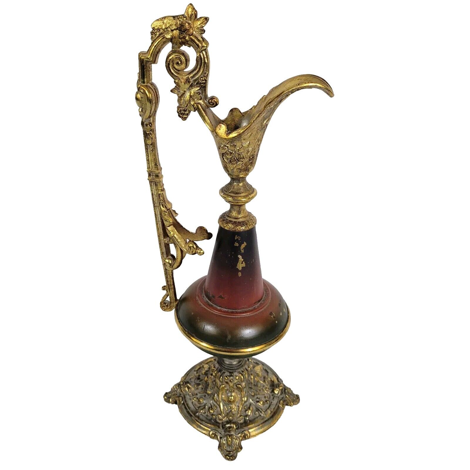 Antique Victorian French Brass Red Body Gilt Ornate Mantle Ewer Late 1800s 