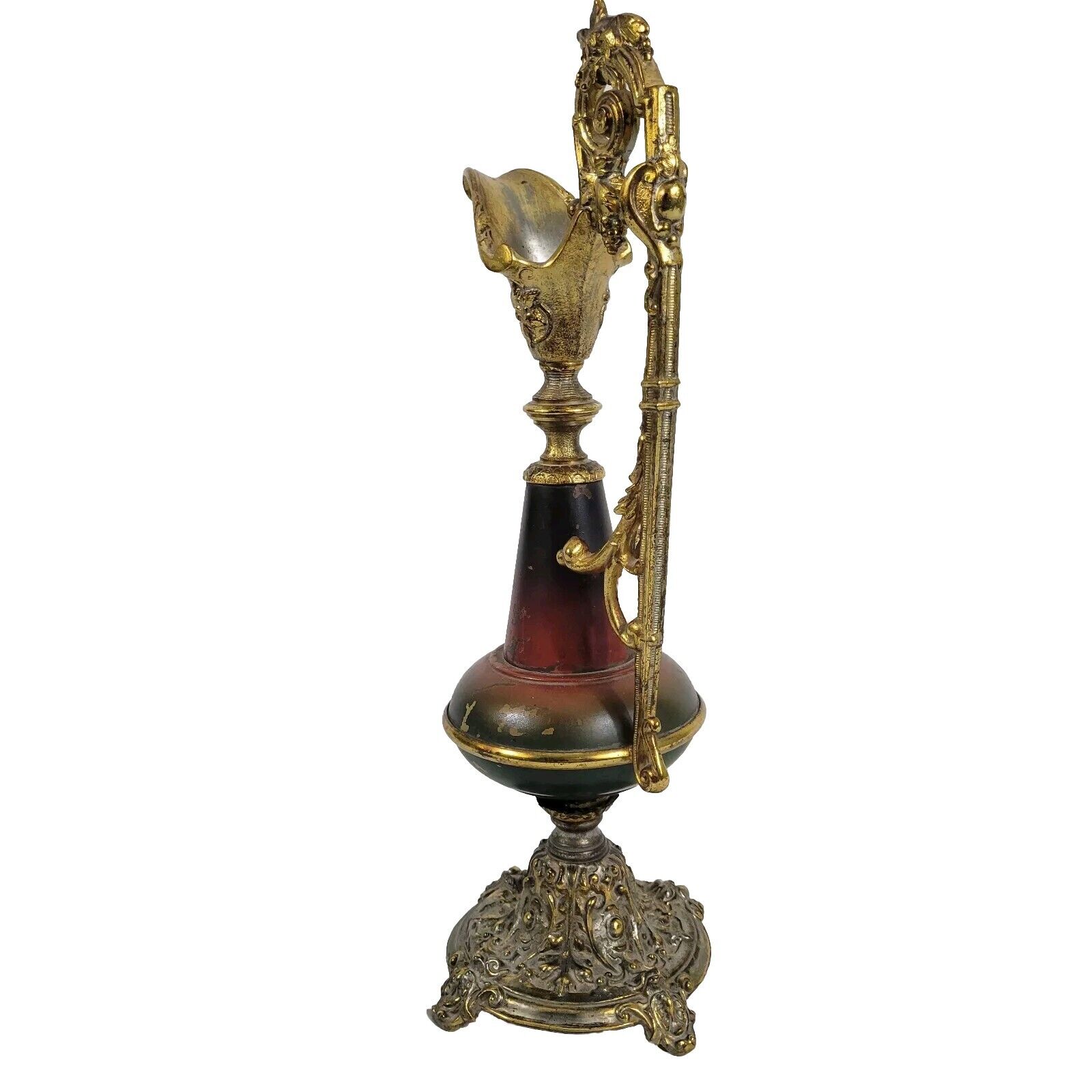 Antique Victorian French Brass Red Body Gilt Ornate Mantle Ewer Late 1800s 