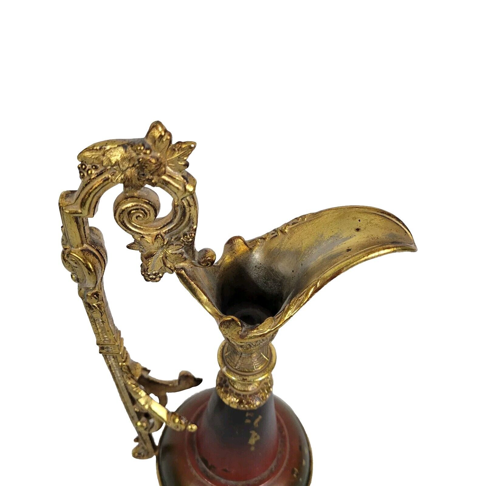 Antique Victorian French Brass Red Body Gilt Ornate Mantle Ewer Late 1800s 