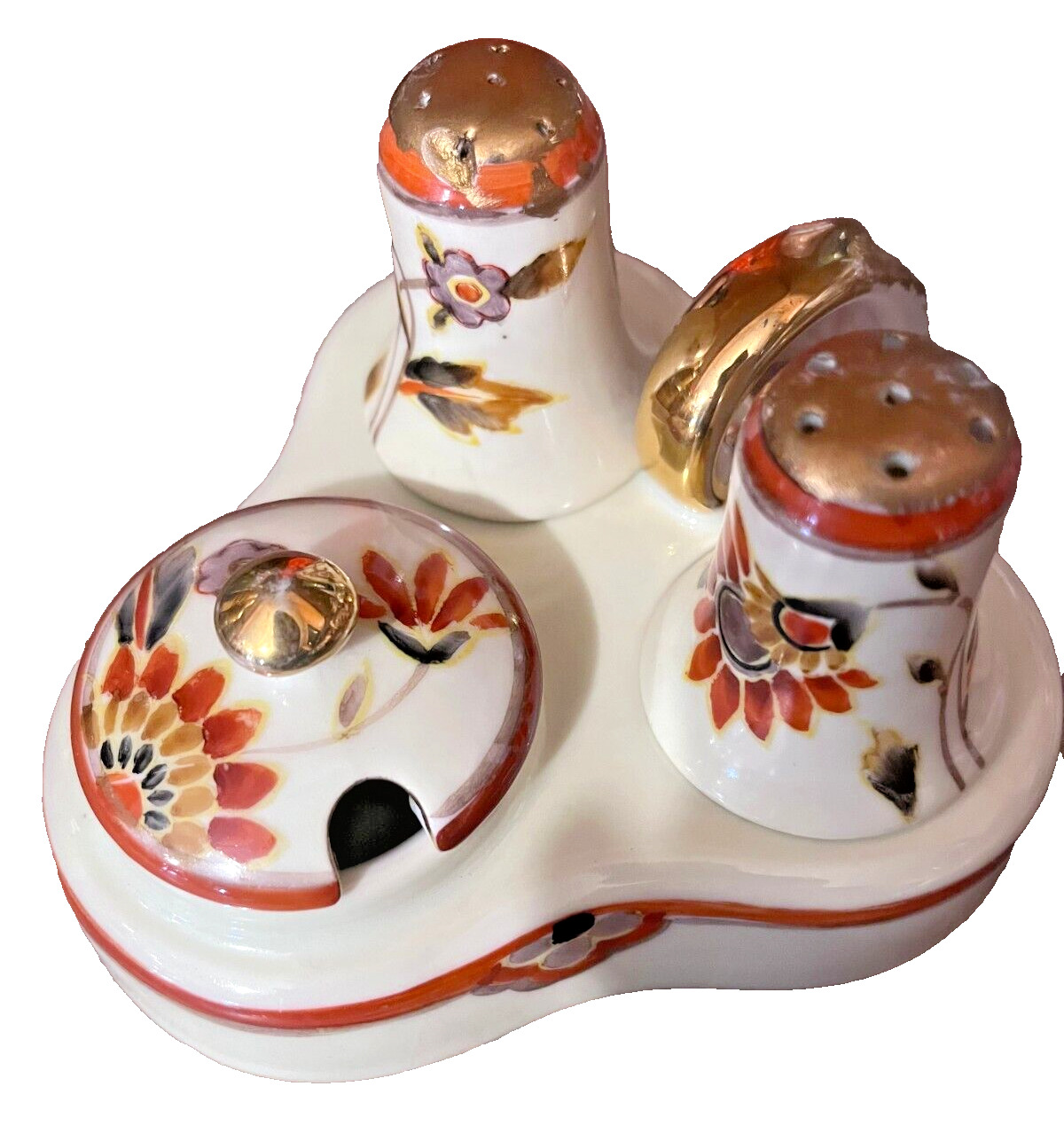 Noritake? Condiment Set Salt Pepper Jam Caddy Hand Painted Art Deco Japan 1900"s