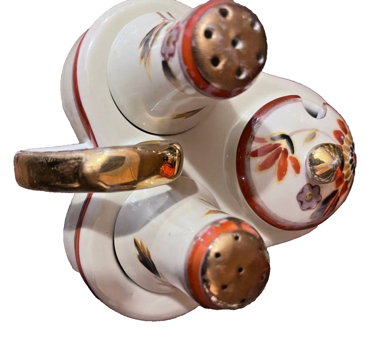 Noritake? Condiment Set Salt Pepper Jam Caddy Hand Painted Art Deco Japan 1900"s