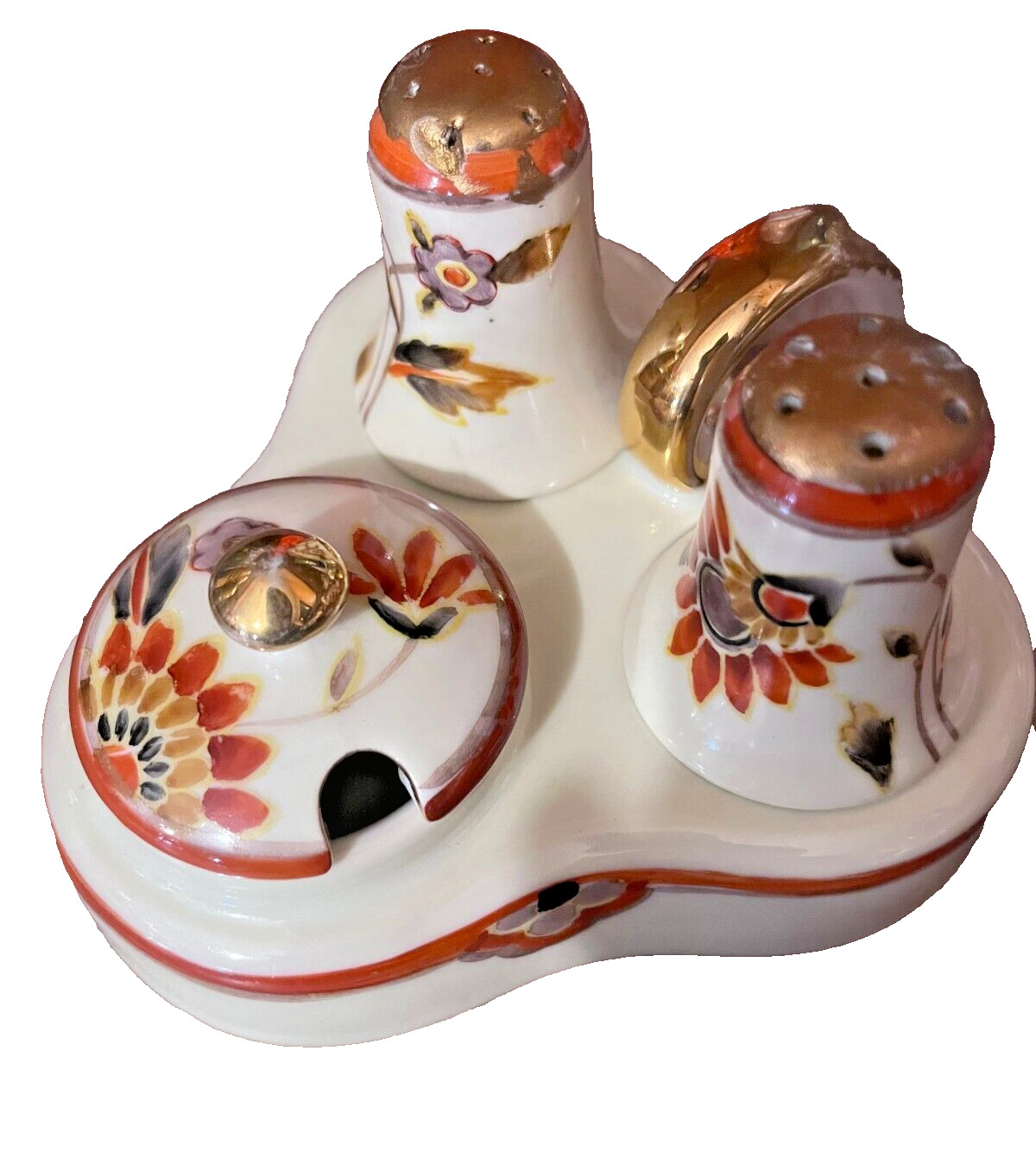 Noritake? Condiment Set Salt Pepper Jam Caddy Hand Painted Art Deco Japan 1900"s