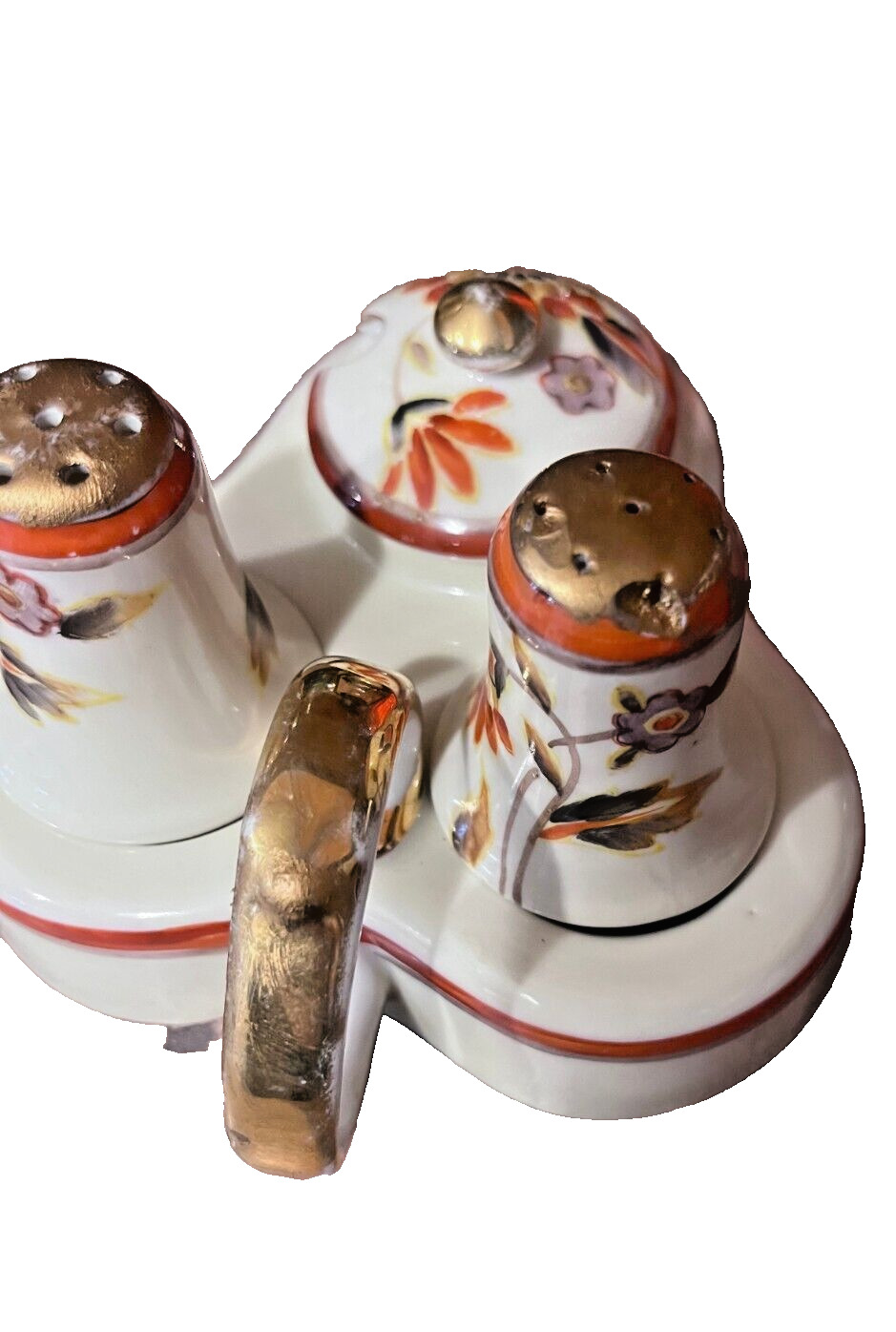 Noritake? Condiment Set Salt Pepper Jam Caddy Hand Painted Art Deco Japan 1900"s