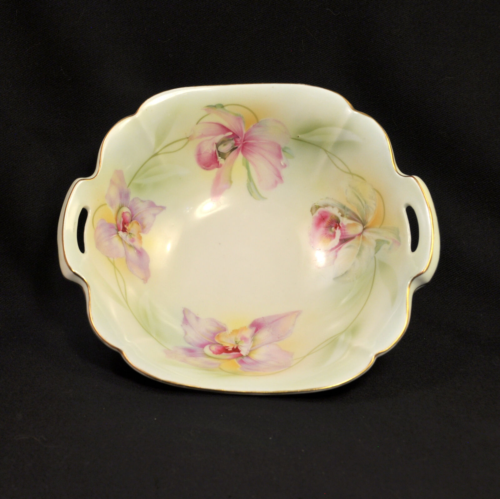 Prussian China Square Bowl E Schlegelmilch 1900 Hand Painted Orchids w/GOLD