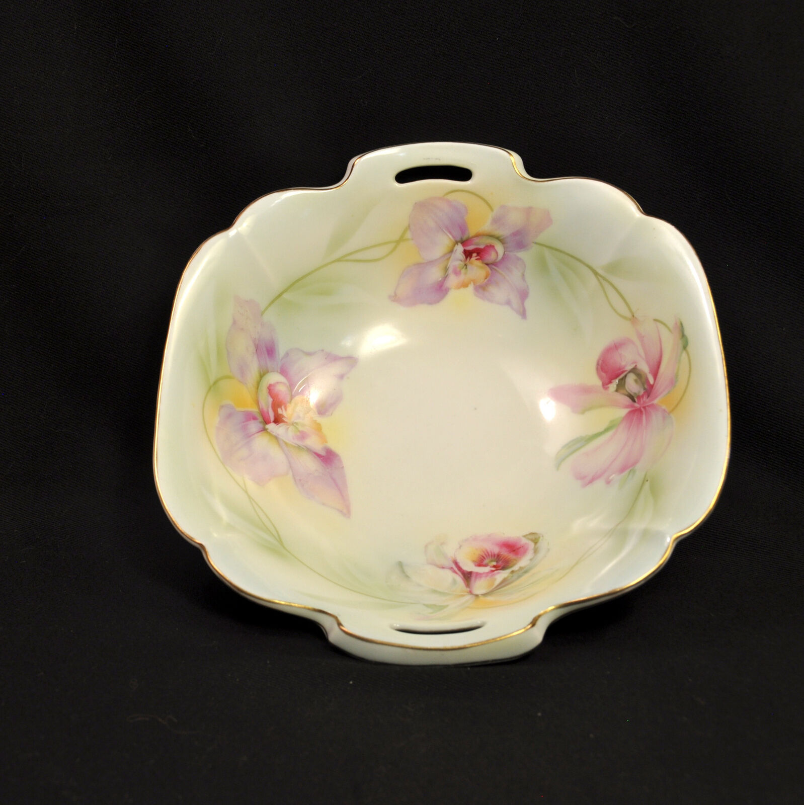 Prussian China Square Bowl E Schlegelmilch 1900 Hand Painted Orchids w/GOLD