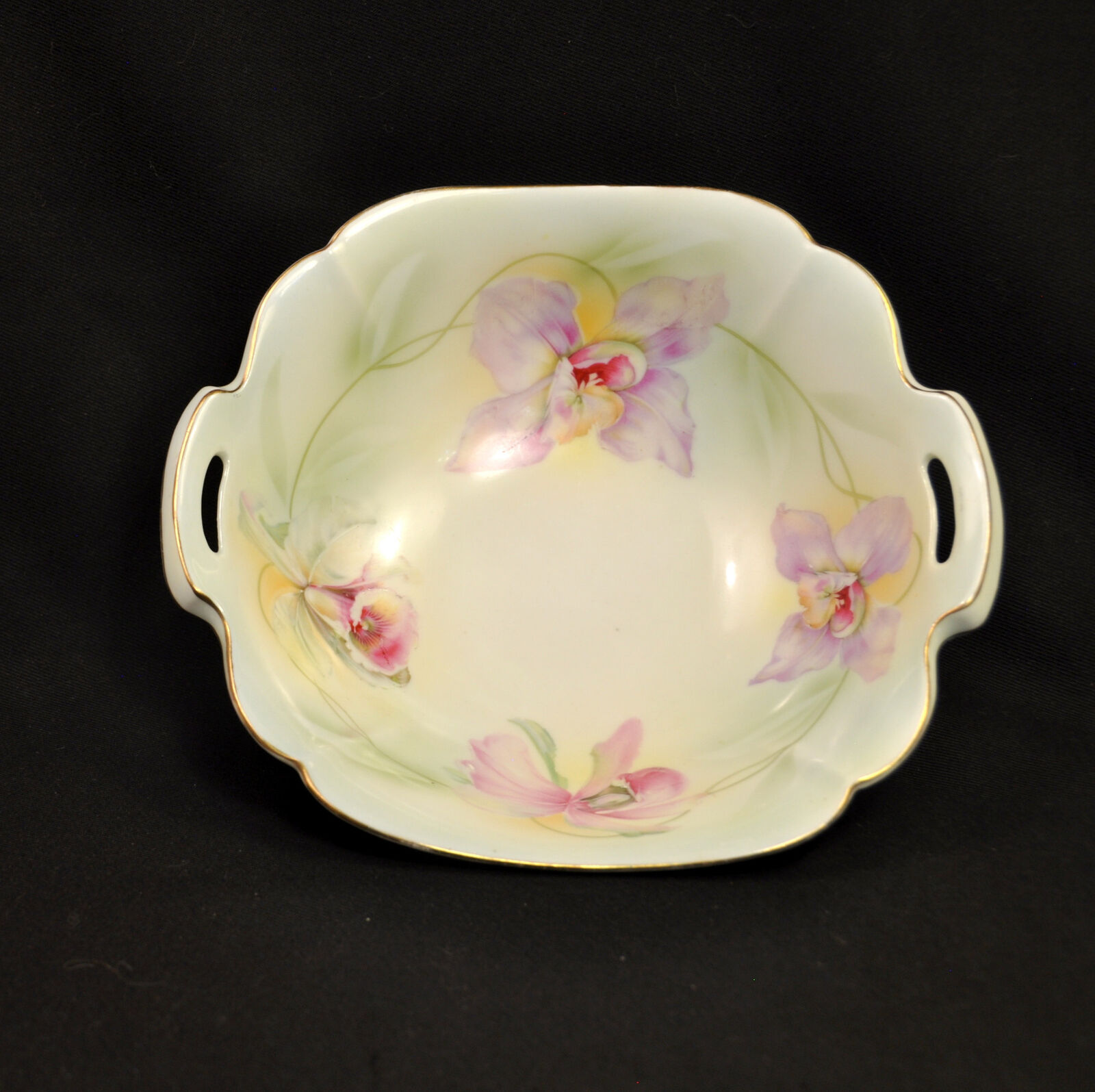 Prussian China Square Bowl E Schlegelmilch 1900 Hand Painted Orchids w/GOLD