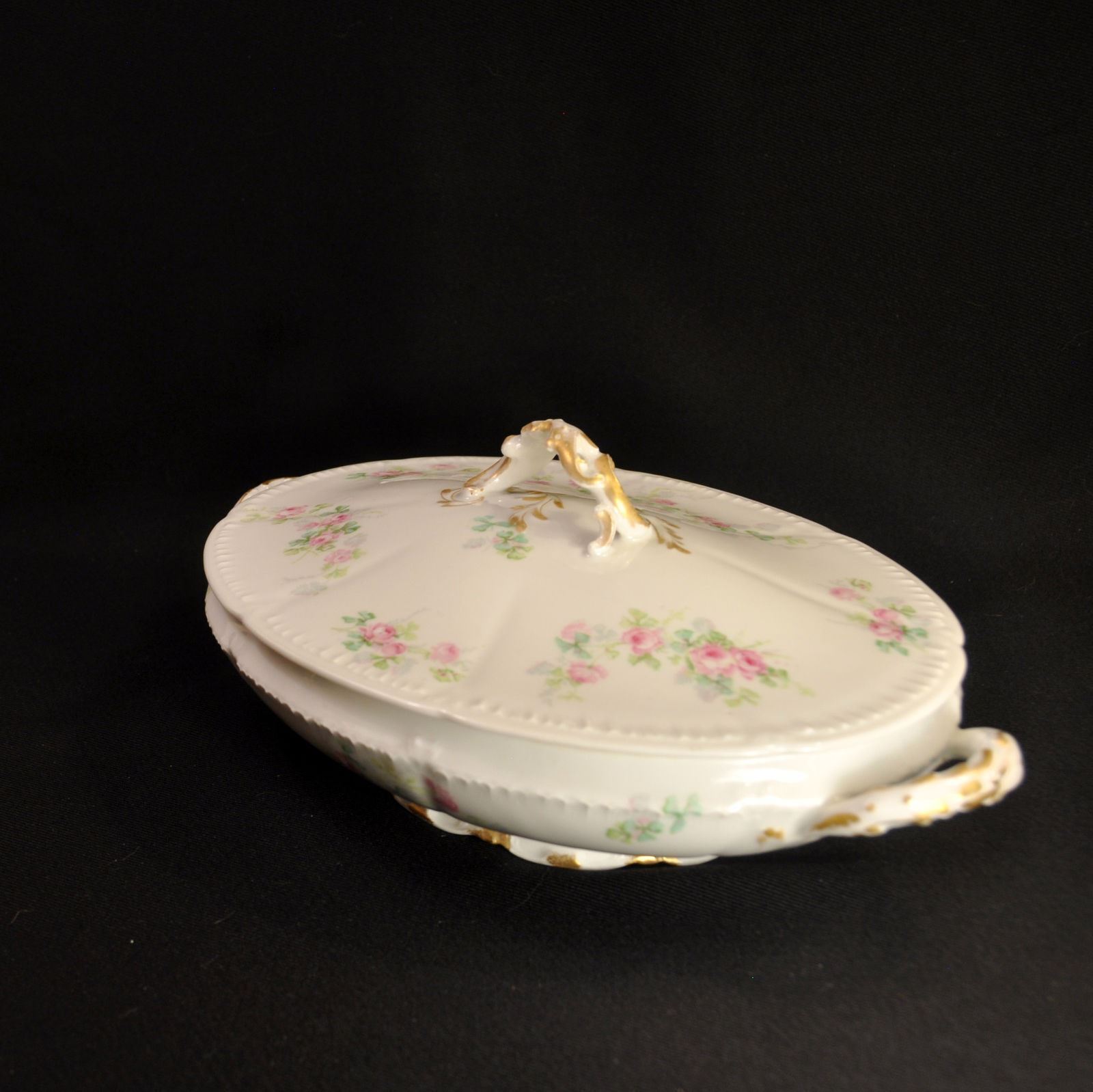 GDA Charles Field Haviland Vegetable Bowl Oval Covered Gold Pink Roses Limoges