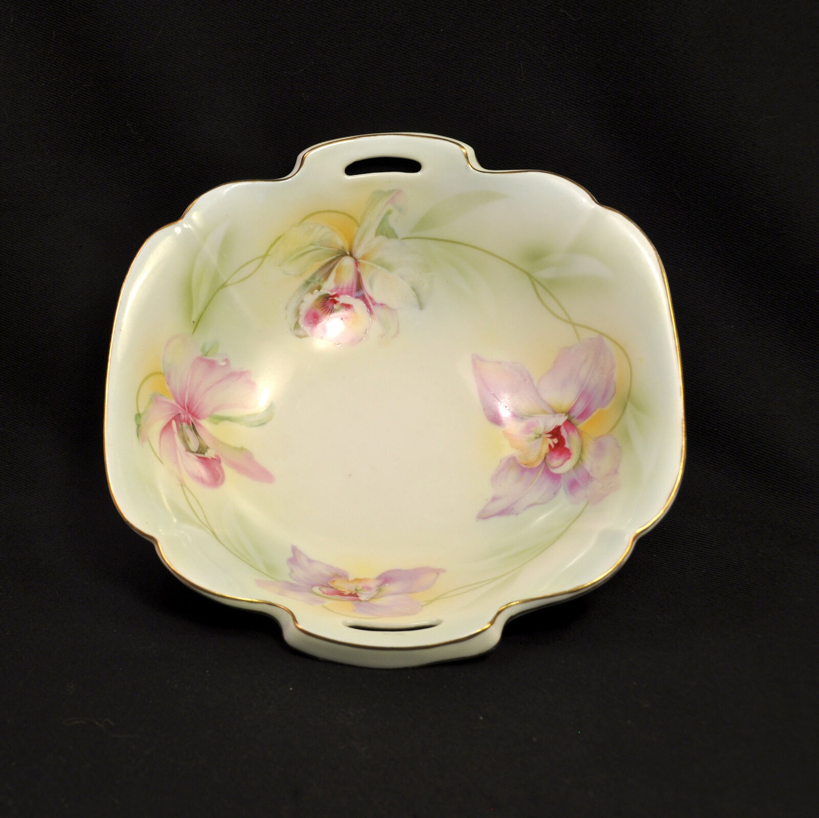Prussian China Square Bowl E Schlegelmilch 1900 Hand Painted Orchids w/GOLD