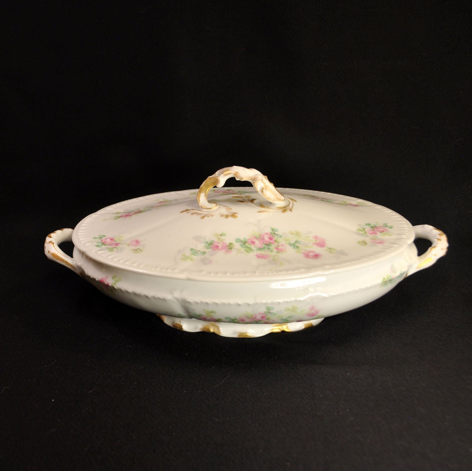 GDA Charles Field Haviland Vegetable Bowl Oval Covered Gold Pink Roses Limoges