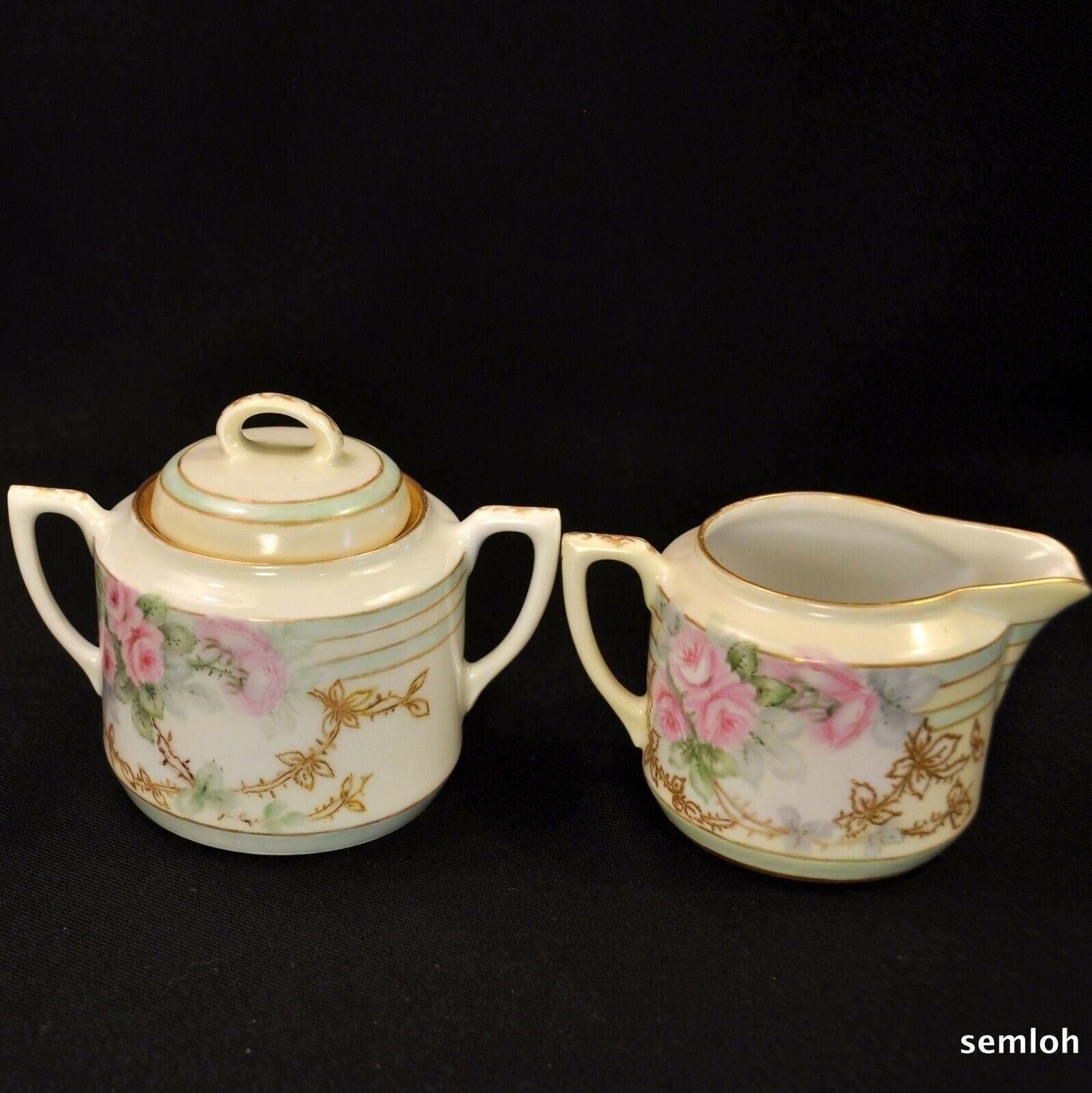 CT Tielsch Altwasser Creamer Sugar w/Lid Artist LFB Pink Roses Raised Gold 1900