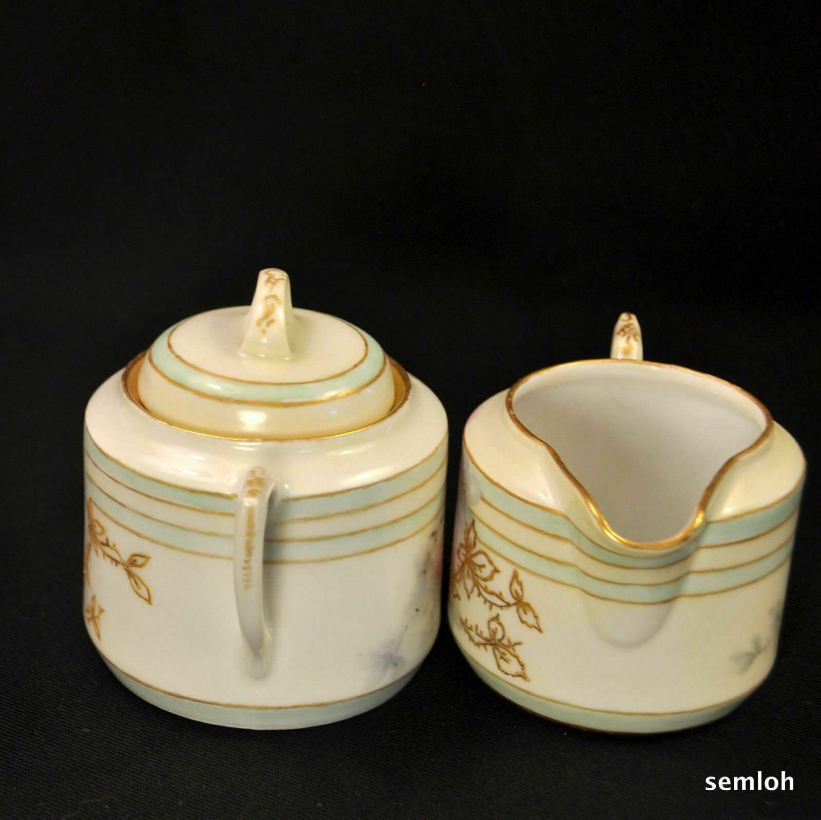 CT Tielsch Altwasser Creamer Sugar w/Lid Artist LFB Pink Roses Raised Gold 1900
