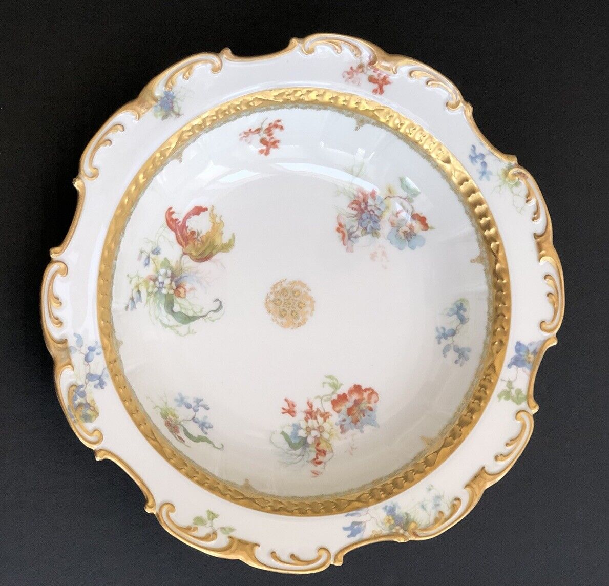 GDA Limoges France 10 1/4" Serving Bowl Floral Embossed w/Gold 1900 HTF