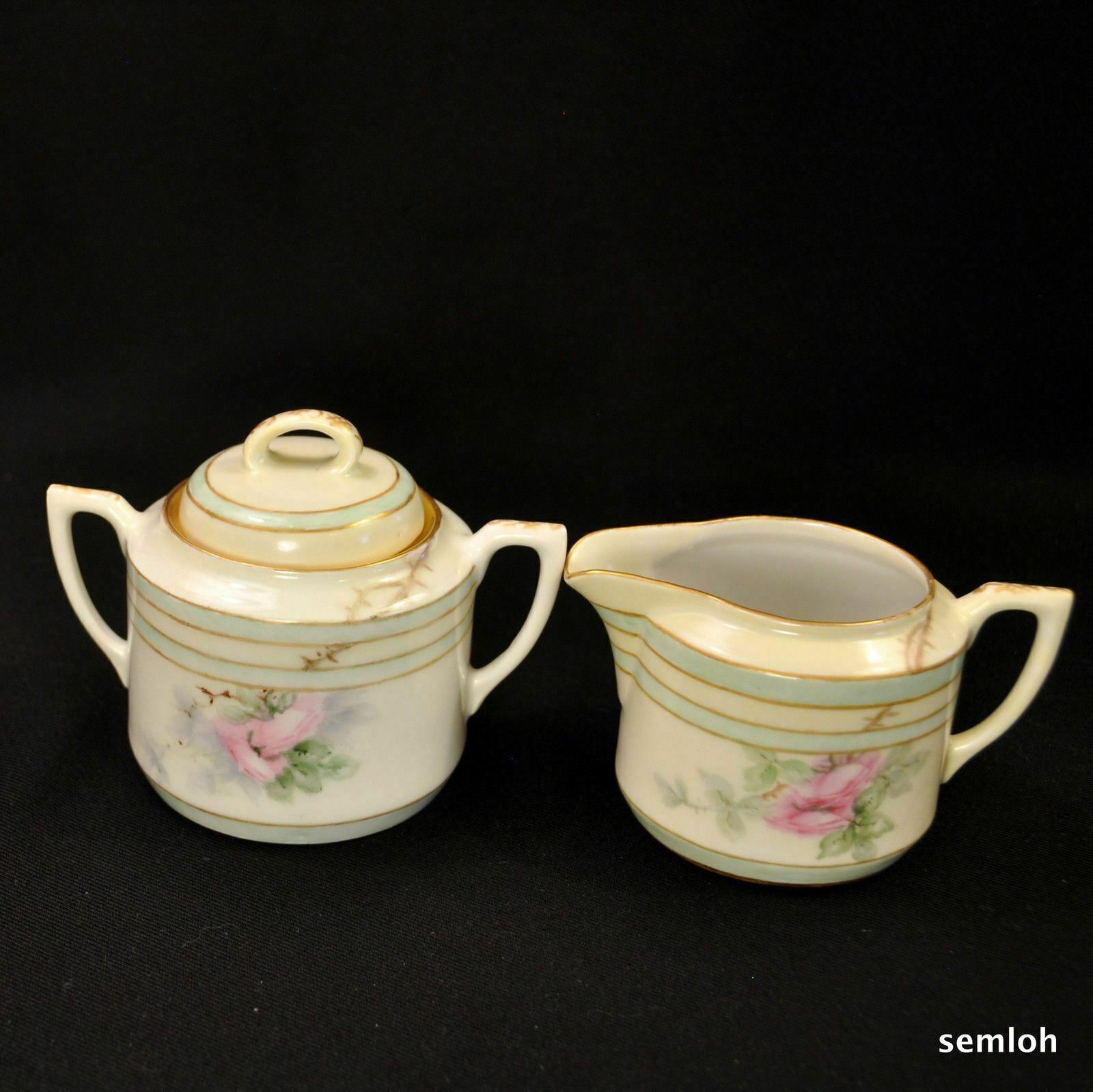 CT Tielsch Altwasser Creamer Sugar w/Lid Artist LFB Pink Roses Raised Gold 1900