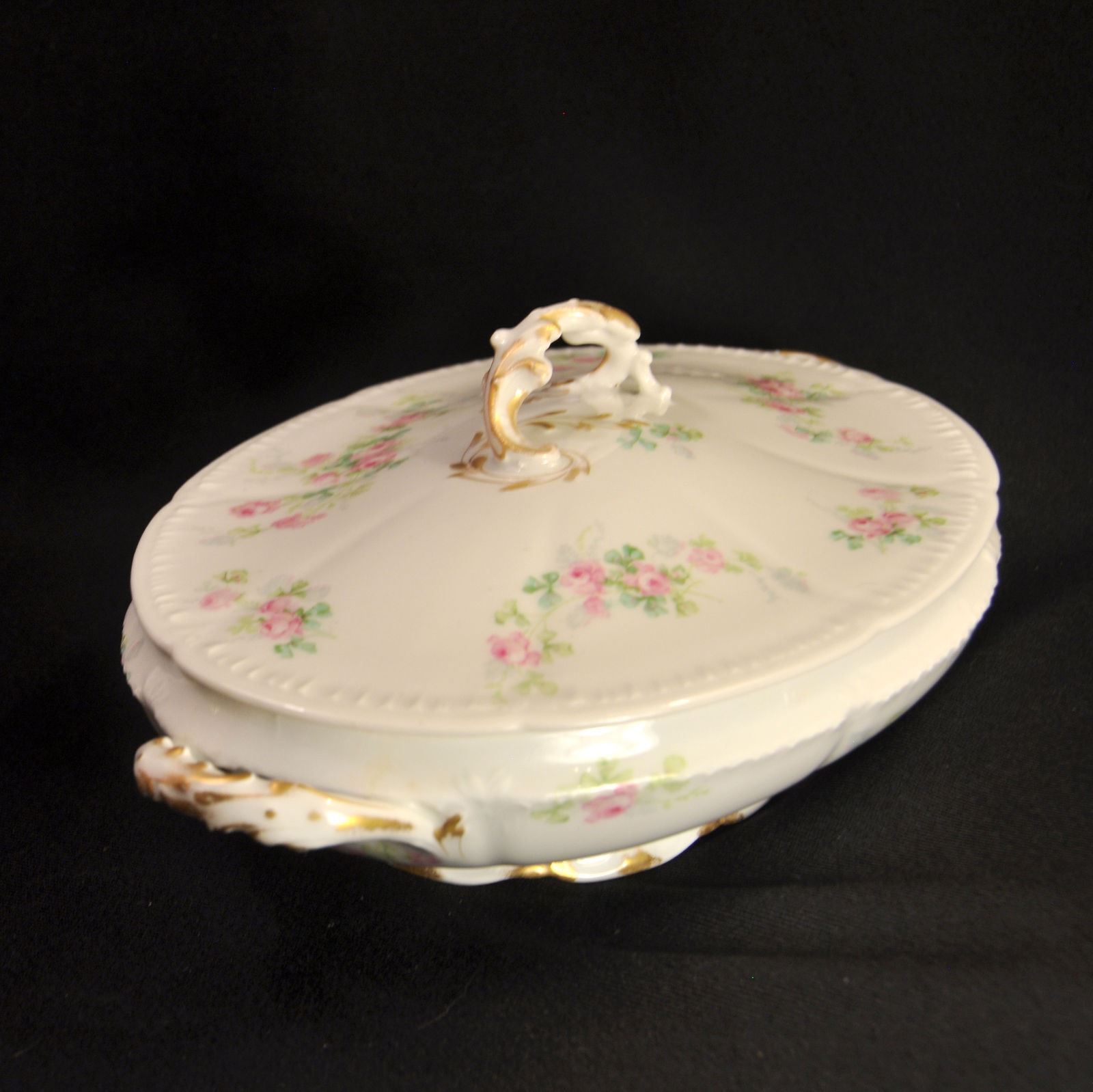 GDA Charles Field Haviland Vegetable Bowl Oval Covered Gold Pink Roses Limoges