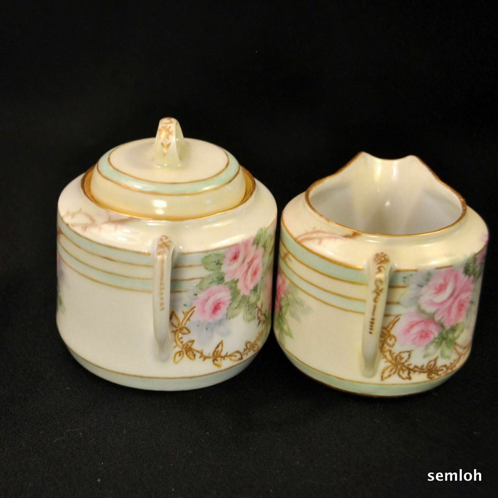 CT Tielsch Altwasser Creamer Sugar w/Lid Artist LFB Pink Roses Raised Gold 1900