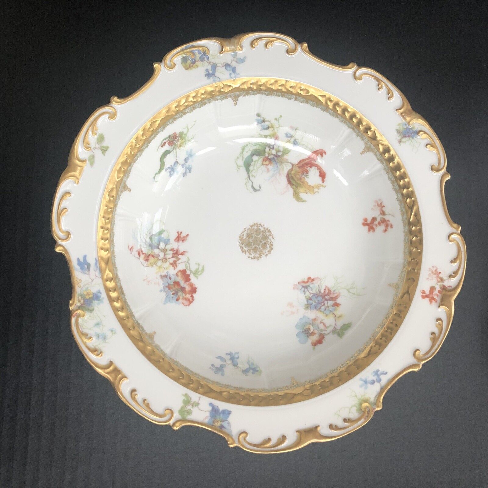 GDA Limoges France 10 1/4" Serving Bowl Floral Embossed w/Gold 1900 HTF