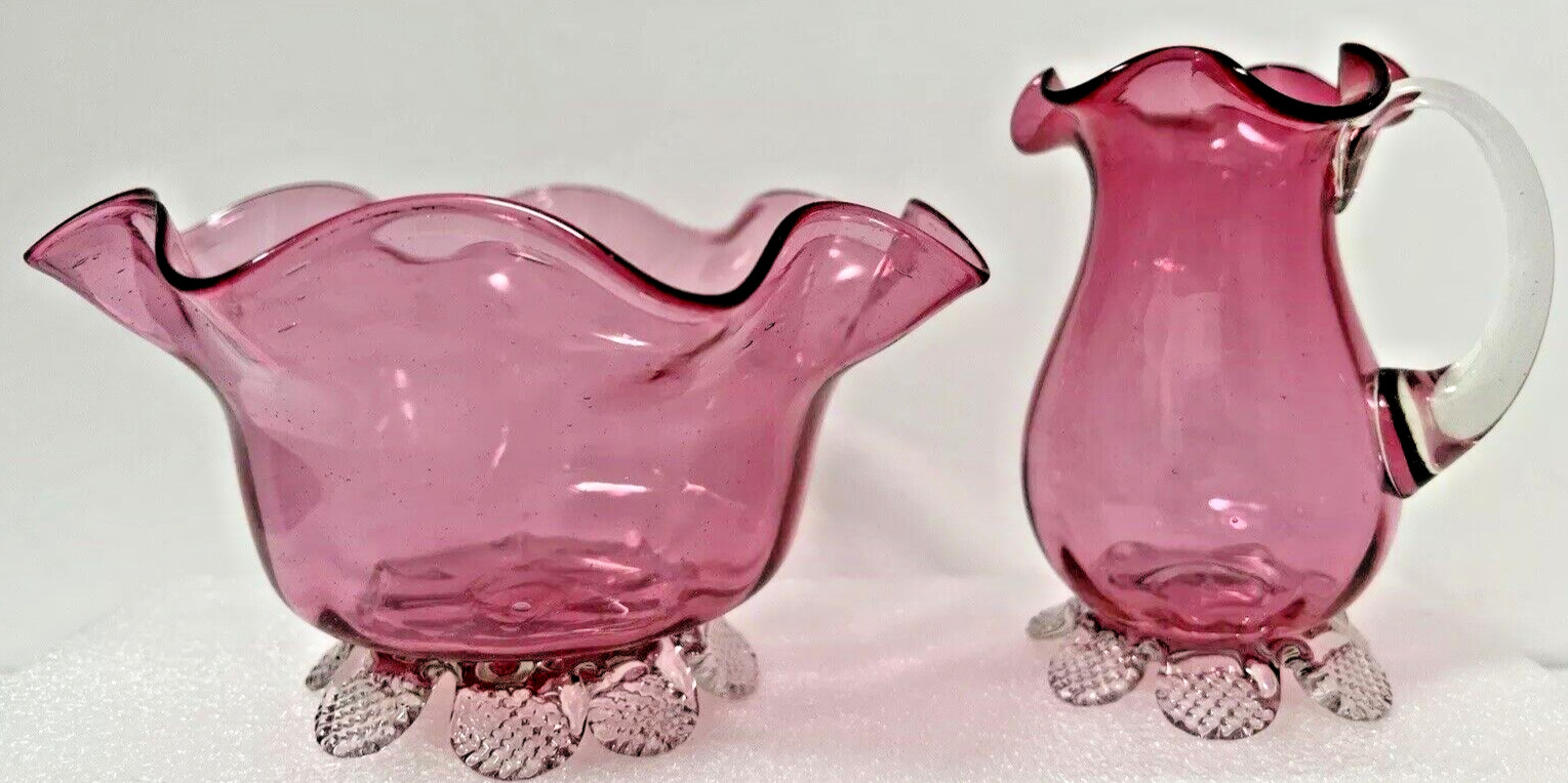 Victorian Cranberry Glass ~ Creamer & Sugar Bowl ~ Uranium Handle & Feet 1800's