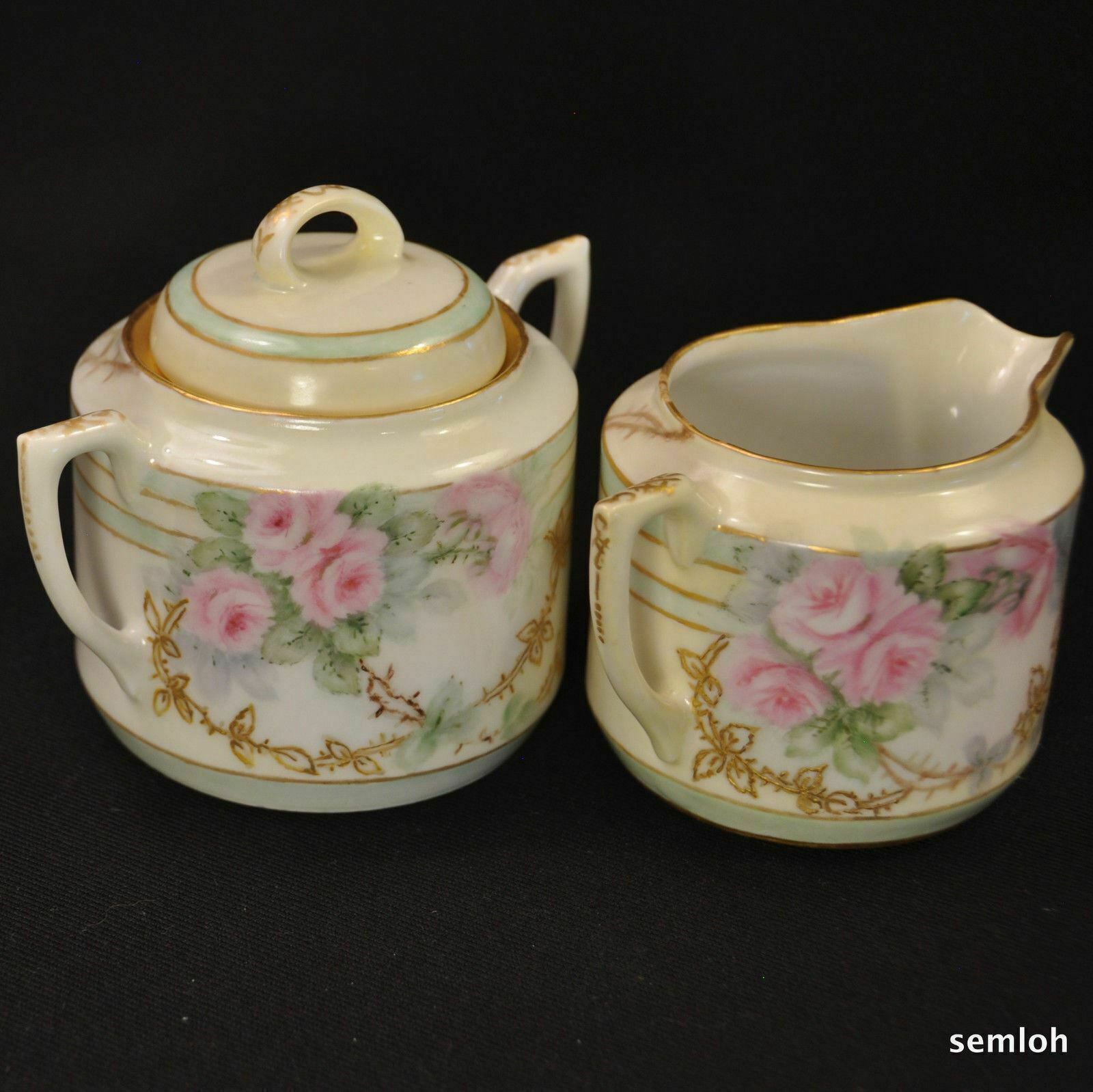 CT Tielsch Altwasser Creamer Sugar w/Lid Artist LFB Pink Roses Raised Gold 1900