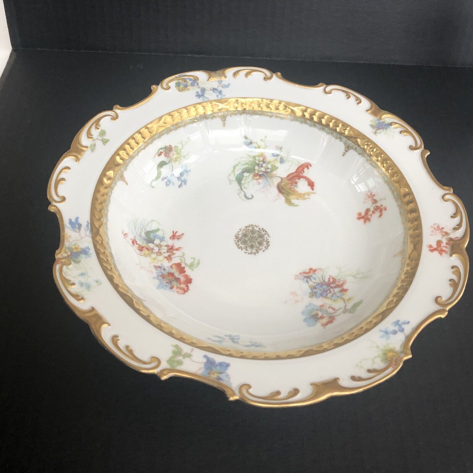 GDA Limoges France 10 1/4" Serving Bowl Floral Embossed w/Gold 1900 HTF