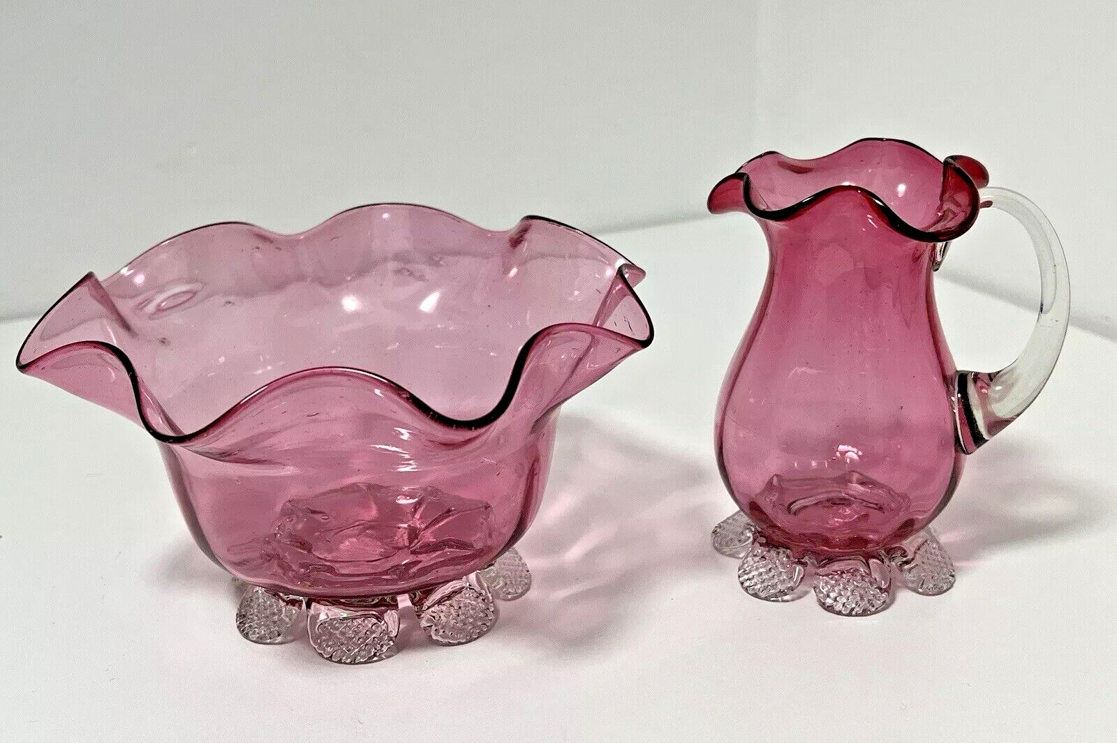 Victorian Cranberry Glass ~ Creamer & Sugar Bowl ~ Uranium Handle & Feet 1800's
