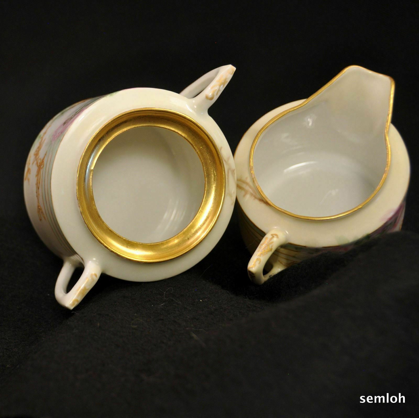 CT Tielsch Altwasser Creamer Sugar w/Lid Artist LFB Pink Roses Raised Gold 1900
