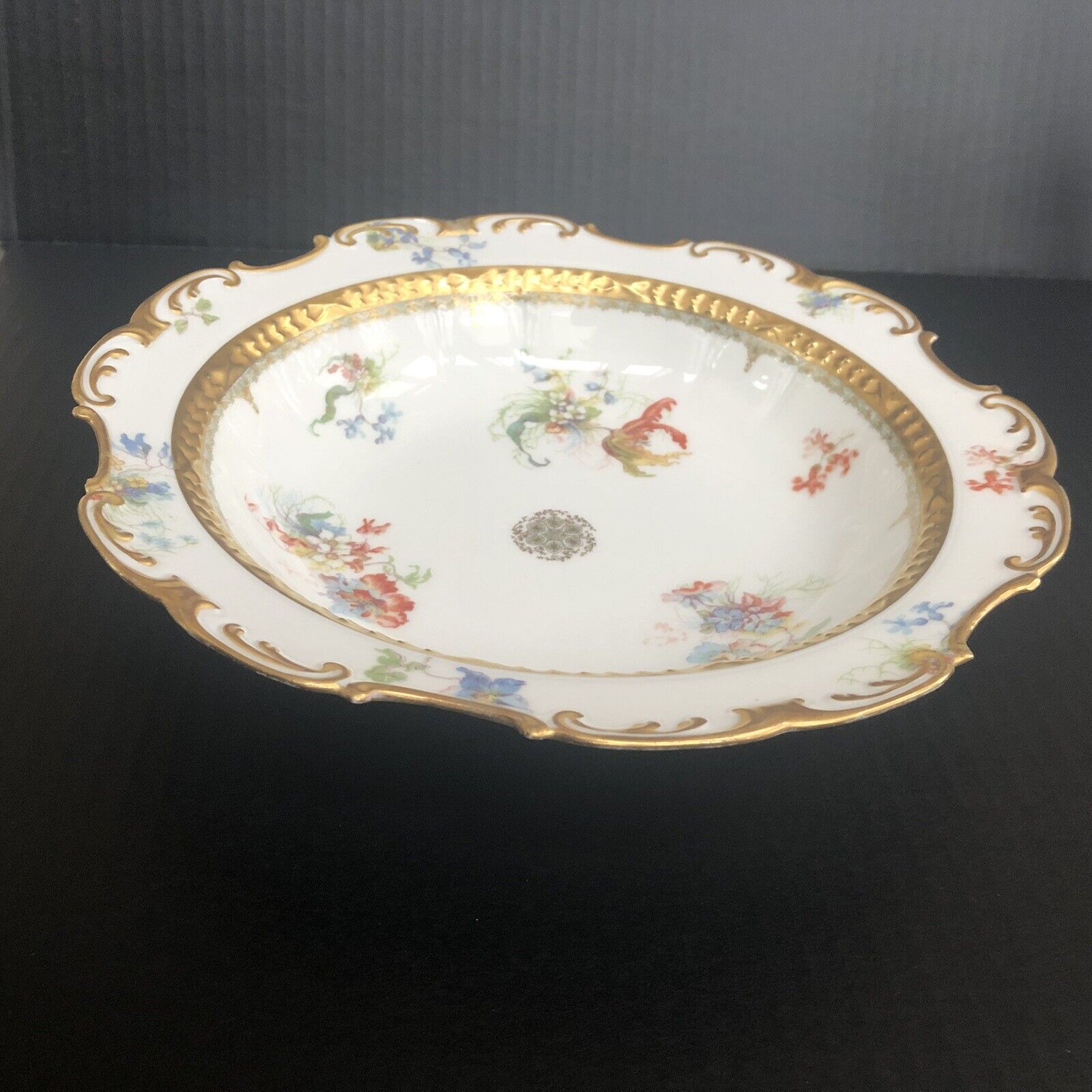 GDA Limoges France 10 1/4" Serving Bowl Floral Embossed w/Gold 1900 HTF